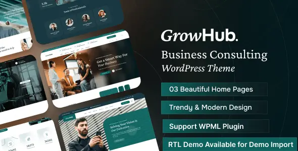 GrowHub business consulting WordPress theme preview with Elementor page builder layout