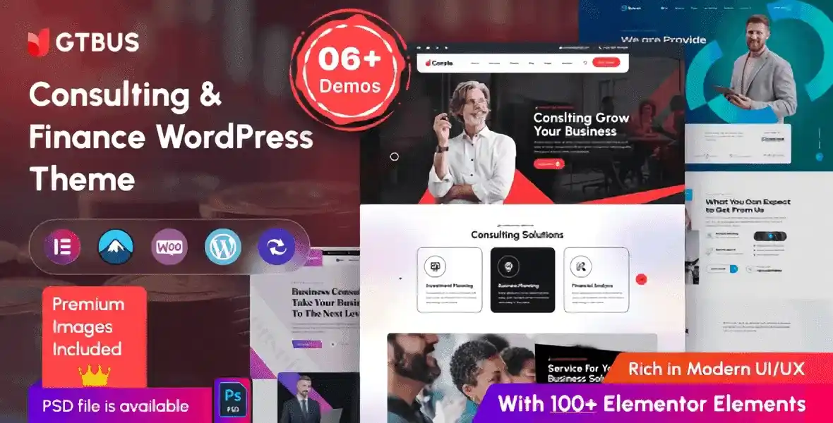 GTBUS consulting finance WordPress theme homepage preview showing Elementor editor interface