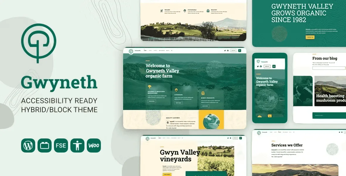 Gwyneth WordPress block theme preview showcasing full site editing capabilities and Elementor compatibility