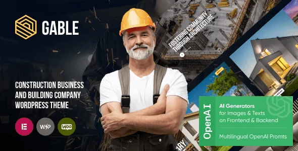 Gable construction WordPress theme for Elementor with project gallery layouts