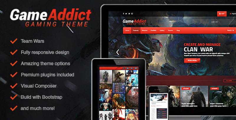 Game Addict WordPress gaming theme for clan wars and esports communities