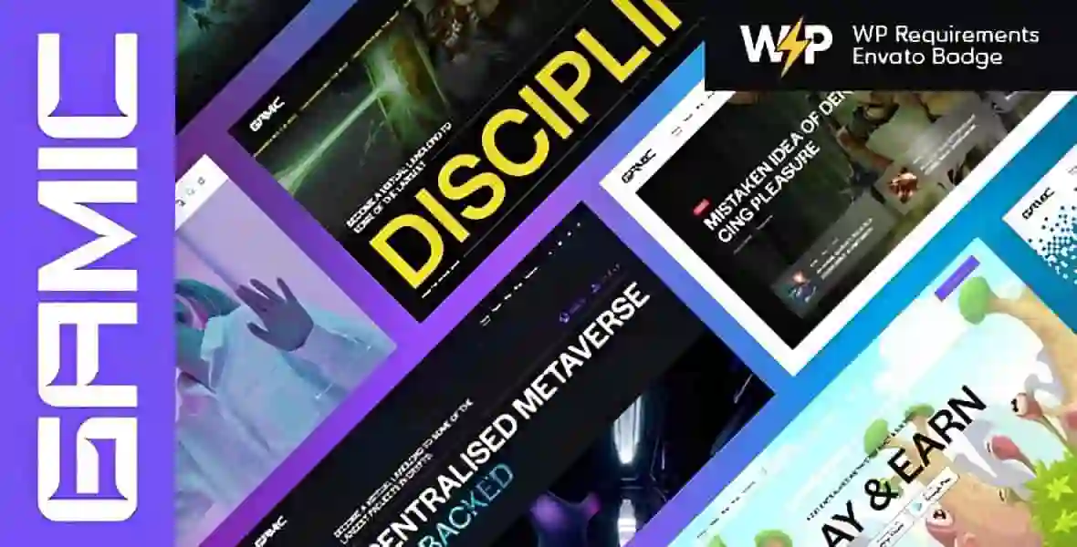 Gamic WordPress theme homepage preview showing metaverse gaming and crypto layout with dark neon styling