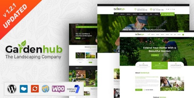Garden HUB landscaping WordPress theme website preview showing lawn care business layout