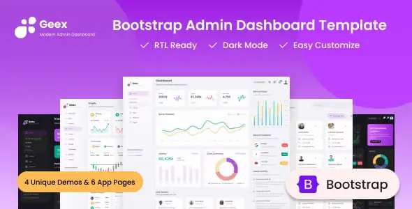 Geex Bootstrap 5 admin dashboard template interface showing server monitoring and banking application layouts