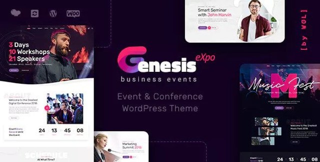 GenesisExpo WordPress conference theme homepage preview with event schedule and speaker sections