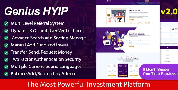 Genius HYIP investment platform PHP script dashboard and features overview