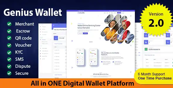 Genius Wallet CMS dashboard interface with wallet management and payment gateway features