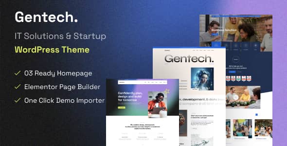 Gentech IT solutions WordPress theme preview with responsive design and Elementor page builder