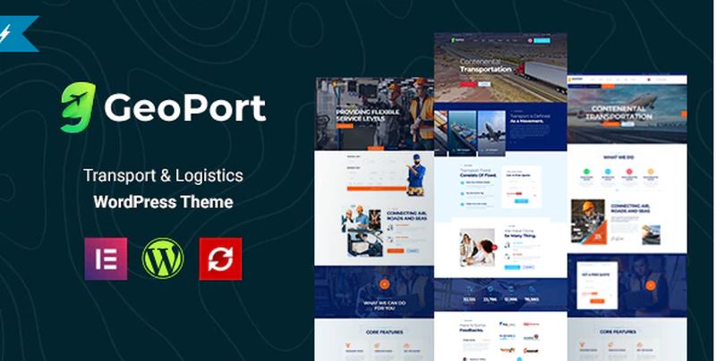Geoport logistics WordPress theme homepage showing service sections for freight, trucking, and warehousing on desktop and mobile