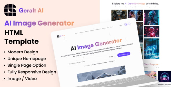 Geralt AI one-page HTML template showcasing AI-generated images and videos with responsive design