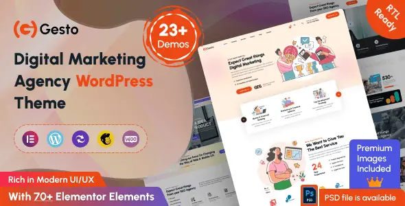 Gesto digital marketing agency WordPress theme with Elementor and one-click install