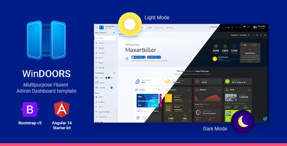 Getwindoors admin dashboard HTML template interface showing responsive Bootstrap 5 layout with sidebar navigation and data widgets