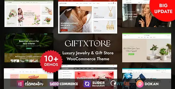 GiftXtore Elementor WooCommerce theme homepage preview showing elegant jewelry store layout with product grid and navigation