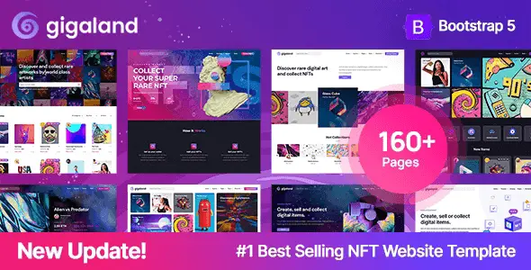 Gigaland NFT marketplace HTML template preview showing responsive design for crypto collectibles and digital items website