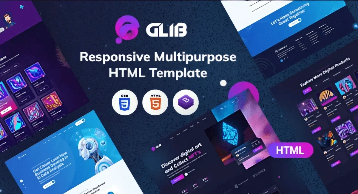 Glib responsive NFT portfolio and marketplace HTML template preview