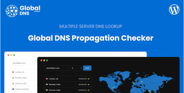 Global DNS WordPress plugin dashboard displaying DNS record checks across multiple servers