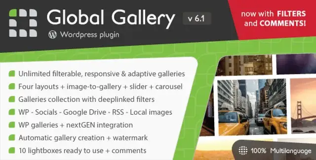 Global Gallery WordPress plugin displaying responsive image galleries with multiple layouts and lightbox preview