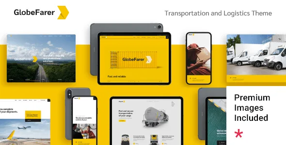 GlobeFarer logistics WordPress theme dashboard showing transportation and freight service layouts