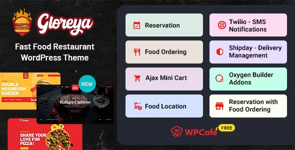 Gloreya fast food WordPress theme showcasing a modern restaurant website with food menu layouts and WooCommerce integration