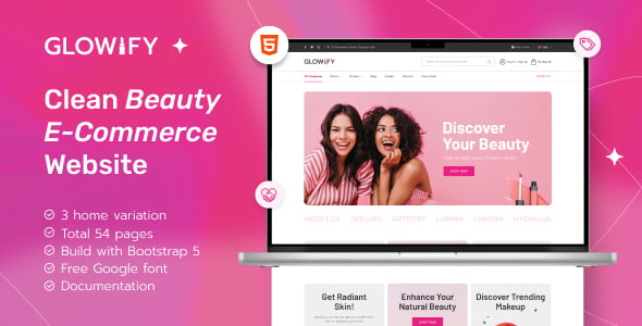 Glowify beauty products HTML template homepage demo on desktop and mobile