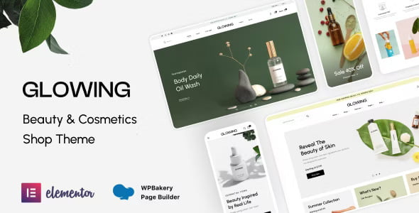 Glowing beauty cosmetics WooCommerce theme homepage preview showing modern storefront design