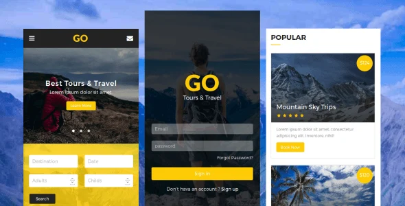 Go travel mobile HTML template preview showing responsive tour booking interface on smartphone and desktop