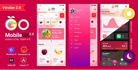 GoMobileUX multipurpose HTML template preview showing dashboard and app interface layouts