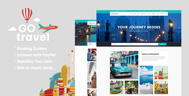 GoTravel travel agency WordPress theme showcasing destination bookings and travel blog layouts