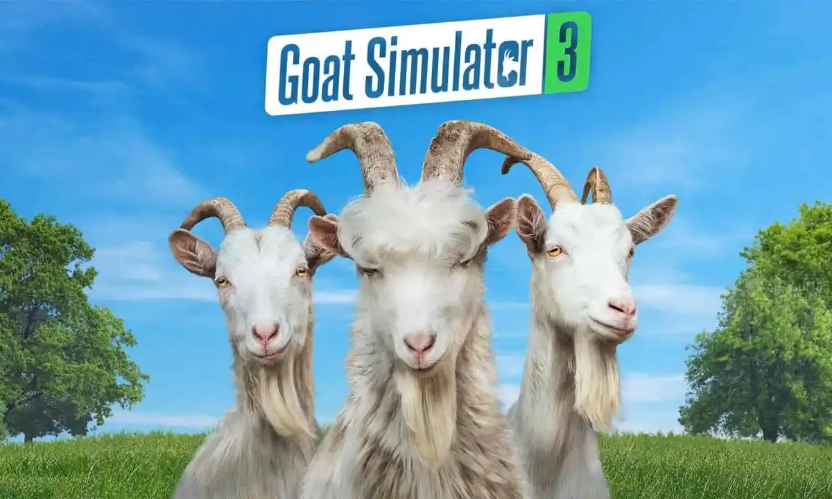 Goat Simulator gameplay screenshot showing a goat causing chaos in an open suburban environment