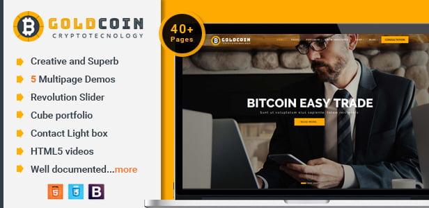 GoldCoin cryptocurrency HTML template preview showing responsive Bootstrap design with Revolution Slider and modern layout