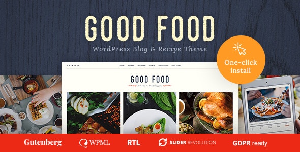 Good Food WordPress theme preview showing a responsive food blogging and recipe magazine layout
