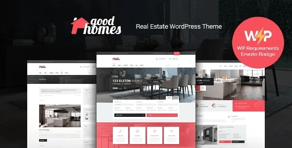 Good Homes modern real estate WordPress theme homepage showing property listings on desktop and mobile
