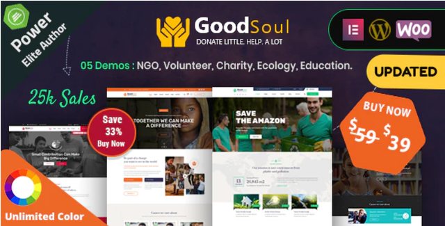 GoodSoul charity WordPress theme preview showing nonprofit website layout with Elementor builder