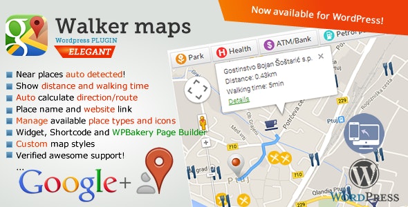 Google Maps Neighborhood Walker WordPress plugin showing nearby places with distances and walking times