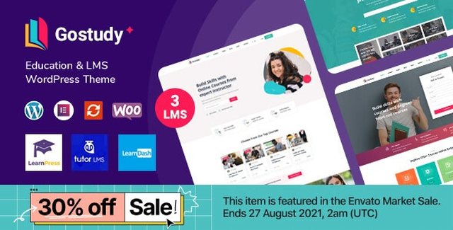 Gostudy education WordPress theme dashboard showing course management and Elementor page builder interface for online learning websites
