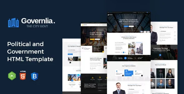 Governlia political campaign website template homepage preview showing responsive Bootstrap layout for government and non-profit sites
