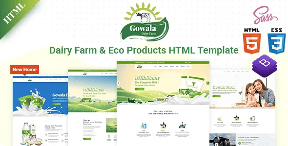 Gowala dairy farm and organic food HTML5 template homepage preview on desktop and mobile