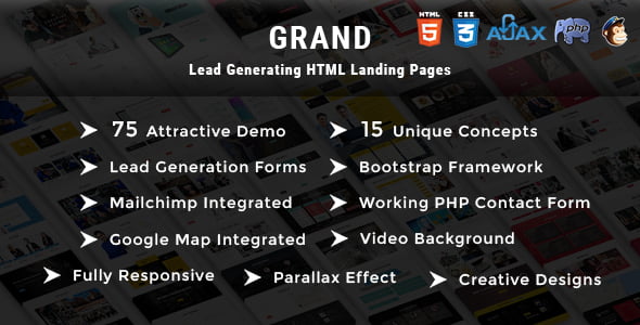 Grand lead generating landing page template with clean HTML5 design for conversion