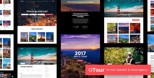 Grand Tour WordPress theme homepage showing tour packages and destination layouts on desktop and mobile