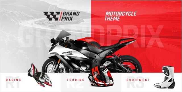 GrandPrix motorcycle WordPress theme homepage layout showing racing and gear shop design