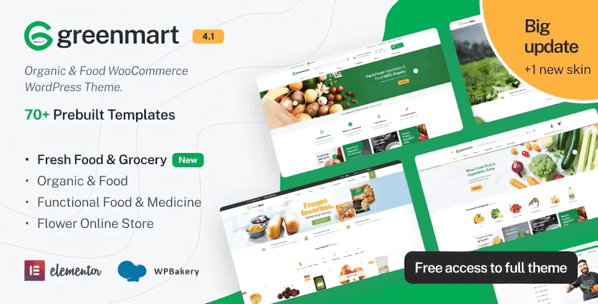 GreenMart organic food store WordPress theme homepage showing Elementor editor and grocery product layout