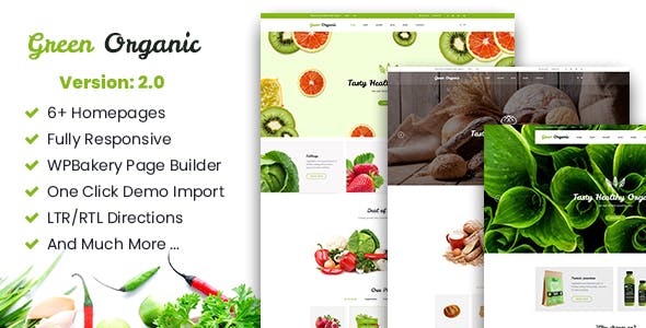 GreenOrganic WooCommerce theme showcasing organic food and bakery store layouts