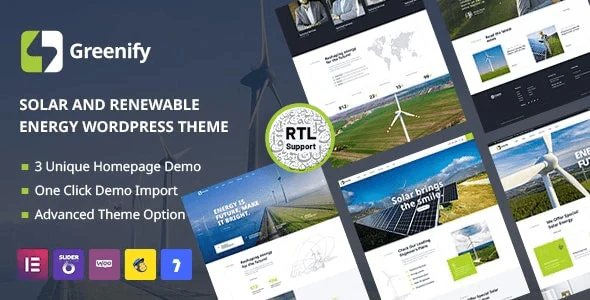 Greenify solar energy WordPress theme preview showing modern renewable energy website layout
