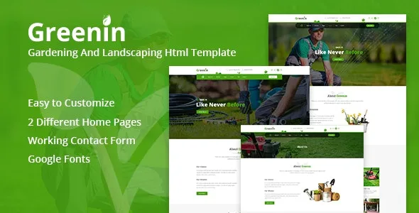 Greenin gardening and landscaping HTML template preview showing nature-inspired responsive website design