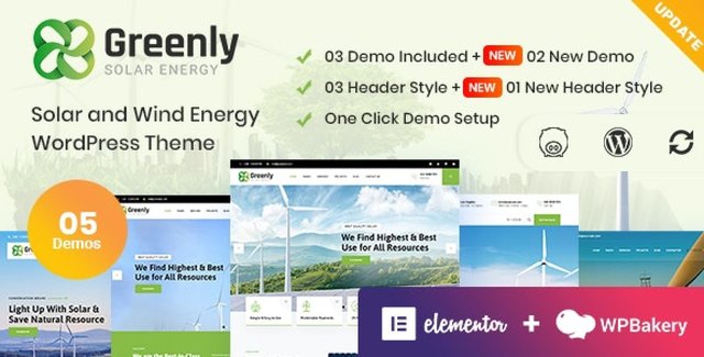 Greenly ecology WordPress theme homepage preview showing solar energy website design