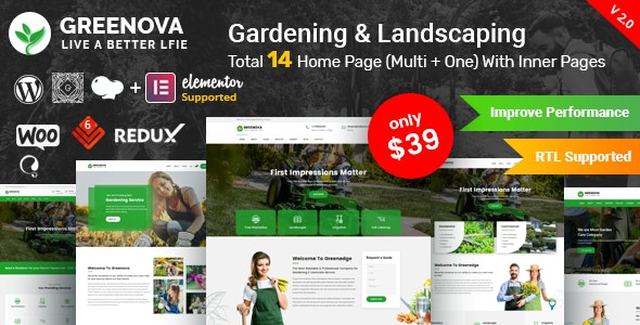Greenova gardening and landscaping WordPress theme preview showcasing modern layout design