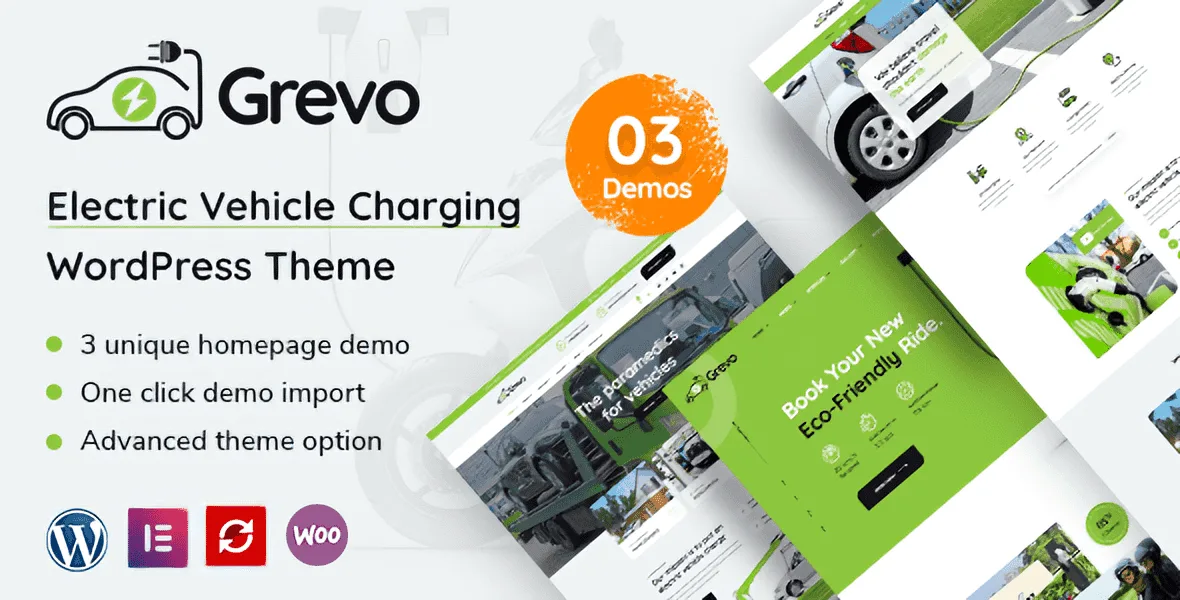 Grevo electric vehicle charging WordPress theme preview showing charging station website layout