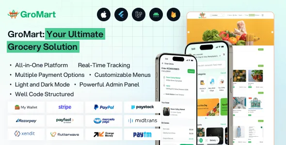 GroMart multivendor grocery delivery Flutter app interface on mobile devices