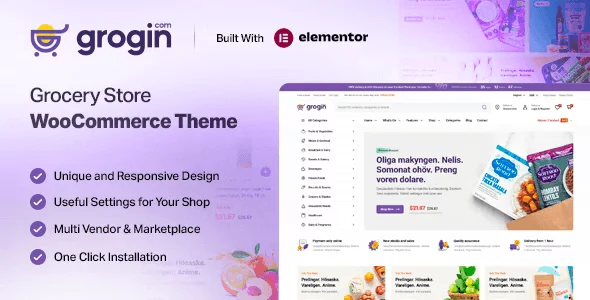 Grogin grocery store WooCommerce theme homepage demo showing product grid, categories, and promotional banners
