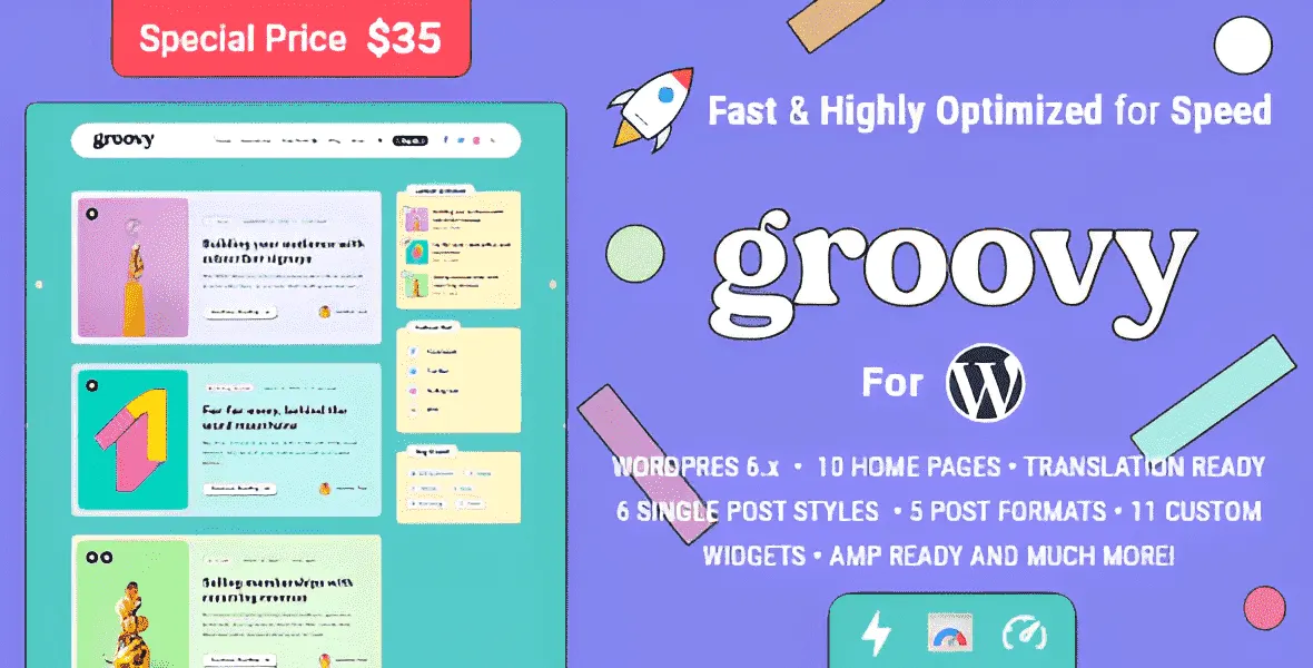 Groovy lightweight blog WordPress theme with modern vibrant design and clean layout